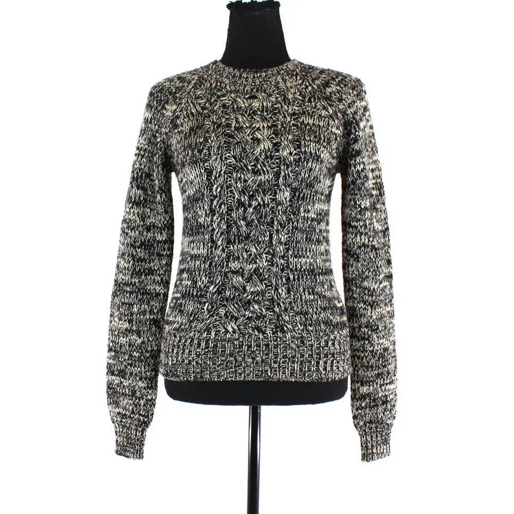 Isabel Marant Etoile Black Tan Cable Knit Crewneck Sweater 34 Cotton Long Sleeve
